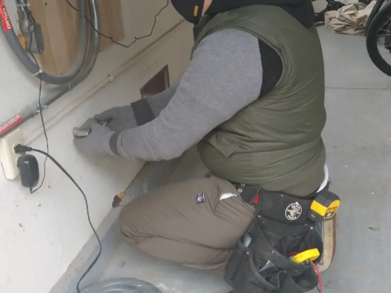 Electrician performing outlet wiring in a Two Harbors garage